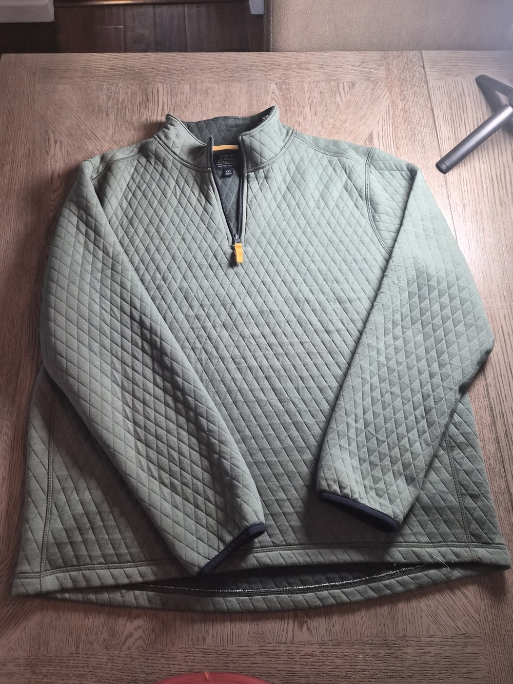J. Crew Quilted Half-Zip Pullover in Sage Green with Yellow Zip Pull